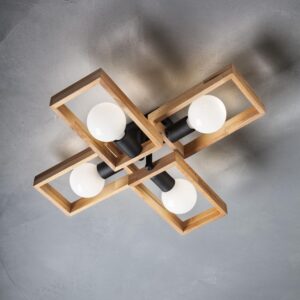 Plafoniera Timber 01-1969, 4 x E27, negru mat + lemn de fag natur